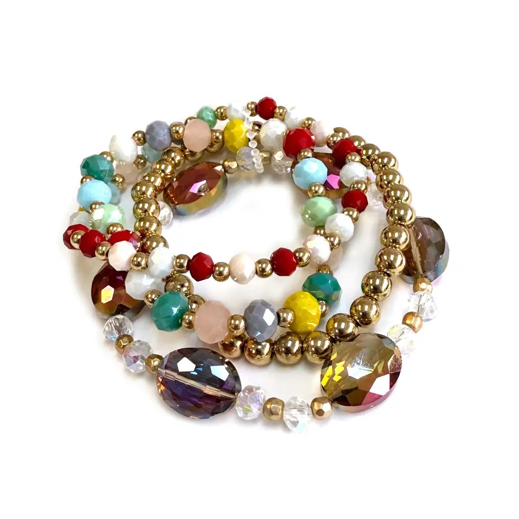 4 Pcs Set Stretch Glass & Multi Beaded Stretch Bracelets-multi