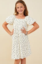 Girls Ditsy Bow Box Pleated Puff Sleeve Dress