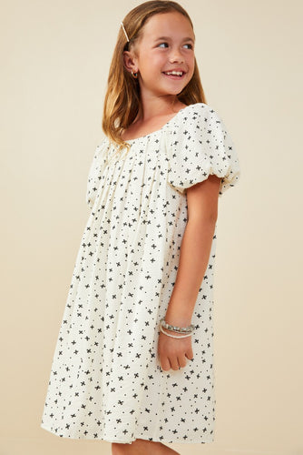 Girls Ditsy Bow Box Pleated Puff Sleeve Dress