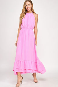 Pink Solid maxi dress
Halter neckline
Shirring along neckline
Back button keyhole closure
Elastic in waist band for comfortable fit