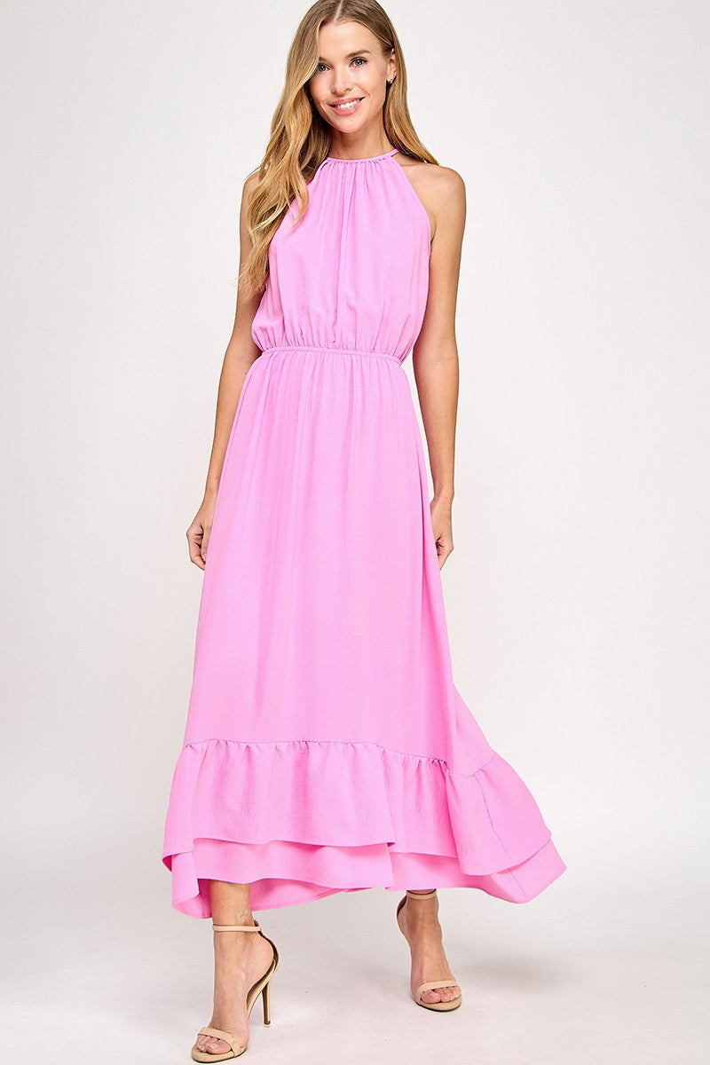 Pink Solid maxi dress
Halter neckline
Shirring along neckline
Back button keyhole closure
Elastic in waist band for comfortable fit