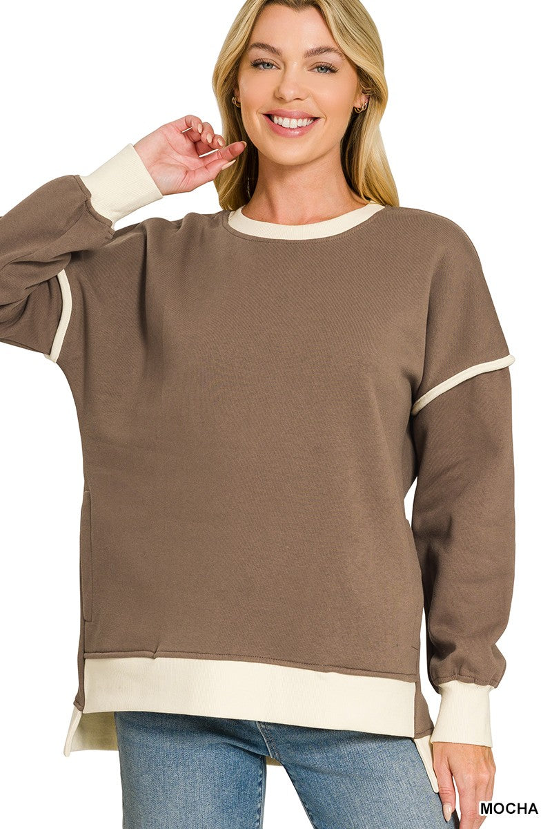 Mocha Fleece Contrast Trim Piping Detail Sweatshirts