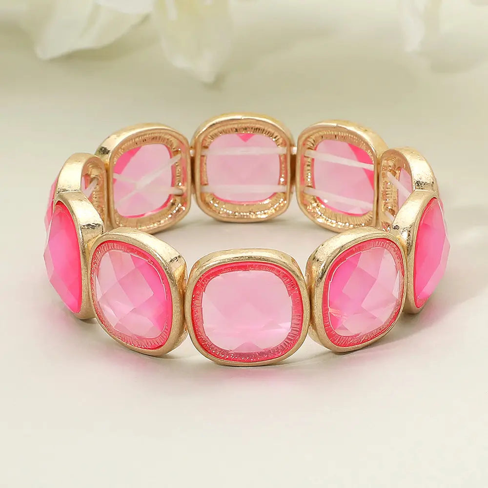 Pink Round Square Glass Stone Frame Beaded Stretch Bracelet
