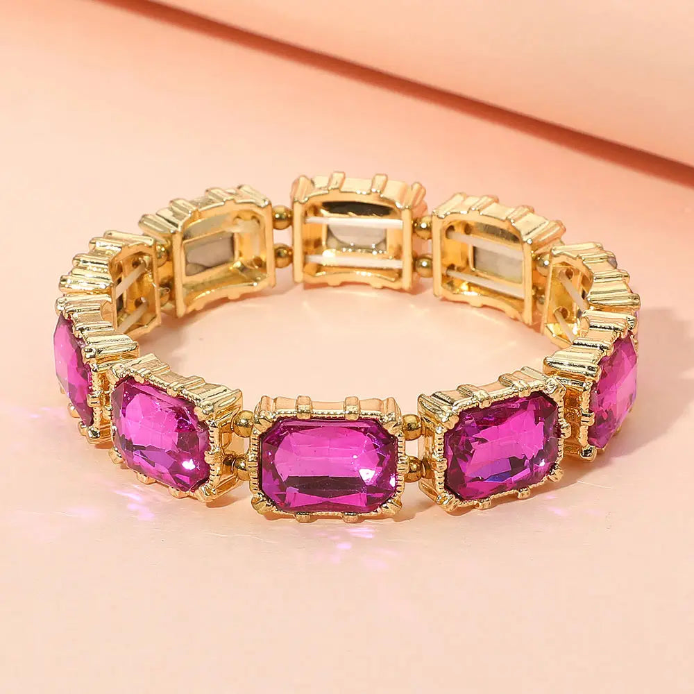 Pink Bold Gem Stone Beaded Stretch Evening Bracelet