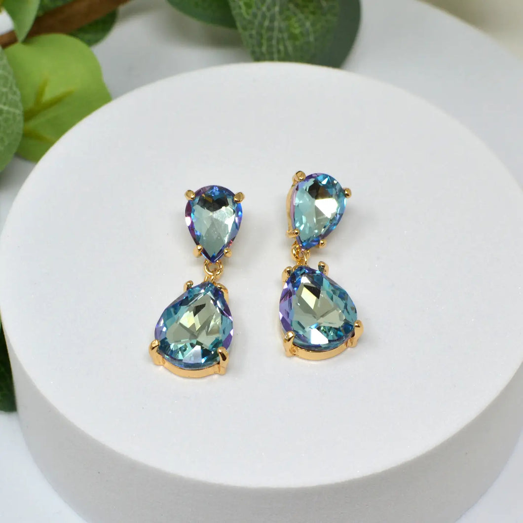 Aqua AB Teardrop Glass Stone Dangle Crystal Bridal Earrings