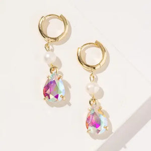 Clear ab Teardrop Crystal Glass & Pearl Drop Huggie Hoop Earrings