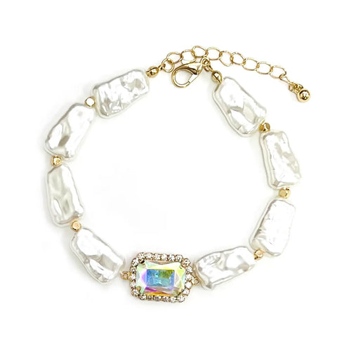 Clear AB Square Pearl Linked with Emerald Cut Glass Stone Bracelet