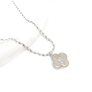 Mother of Pearl Clover Pendant with Rice Bead Chain Necklace-silver/white
