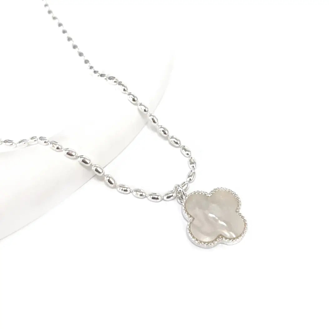Mother of Pearl Clover Pendant with Rice Bead Chain Necklace-silver/white