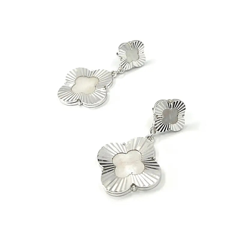 Laser Diacut Clover Frame with Mop Two Link Dangle Earrings-silver/white