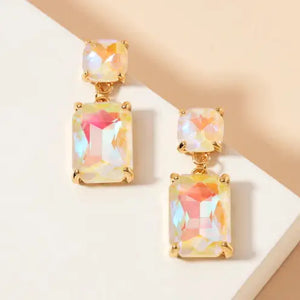 White AB Double Square Linked Crystal Glass Dangle Earrings