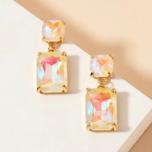 White AB Double Square Linked Crystal Glass Dangle Earrings
