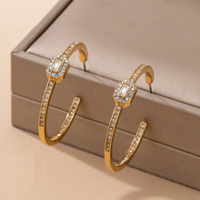 Solitaire Square Crystal Gold Hoop Earrings