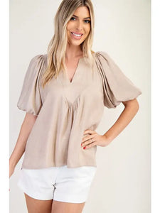 V-Neck Balloon Sleeve Top-taupe color