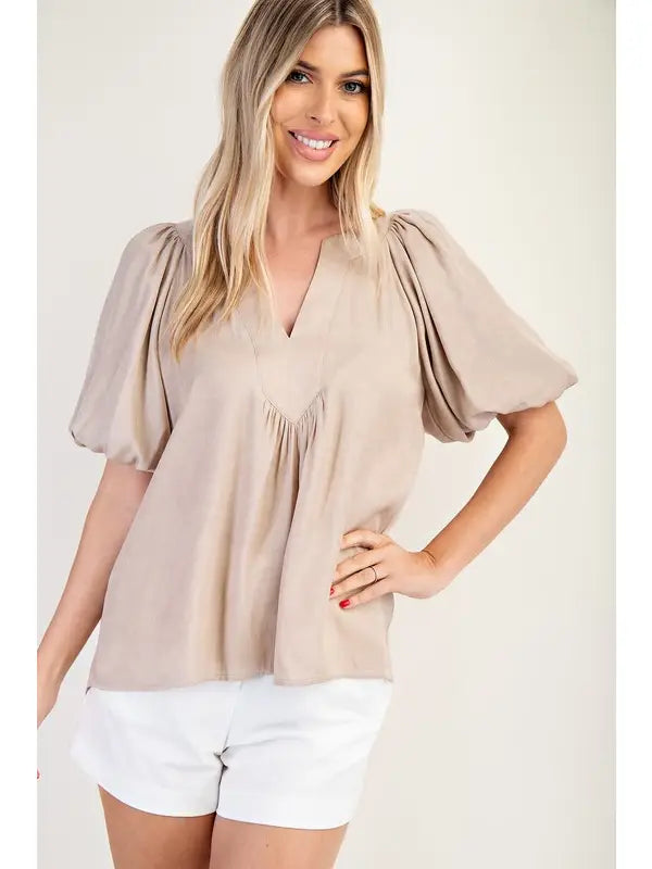 V-Neck Balloon Sleeve Top-taupe color