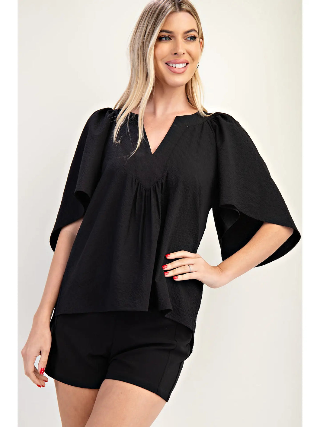 Vneck Textured Top-black