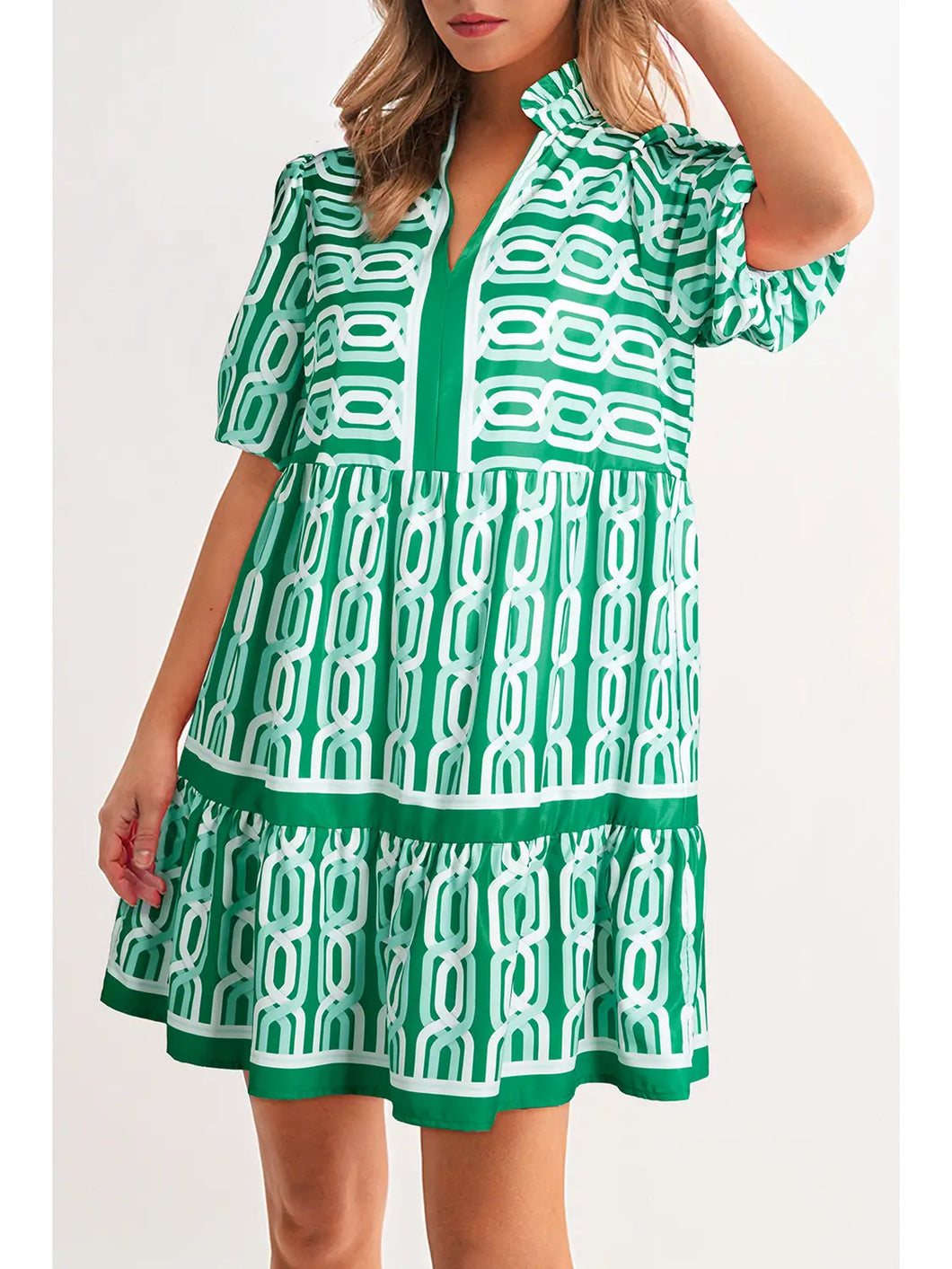 Green Abstract Print Bubble Short Sleeve dress
