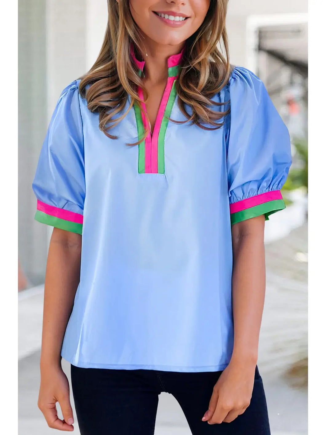 Colorblock Shift Short Sleeve V-Neck Blouse