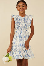 Blue Girls Antique Floral Smock And Ruffle Dress