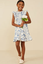 Blue Girls Antique Floral Smock And Ruffle Dress
