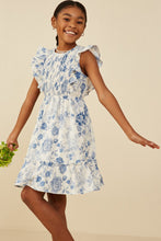 Blue Girls Antique Floral Smock And Ruffle Dress