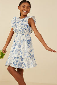 Blue Girls Antique Floral Smock And Ruffle Dress