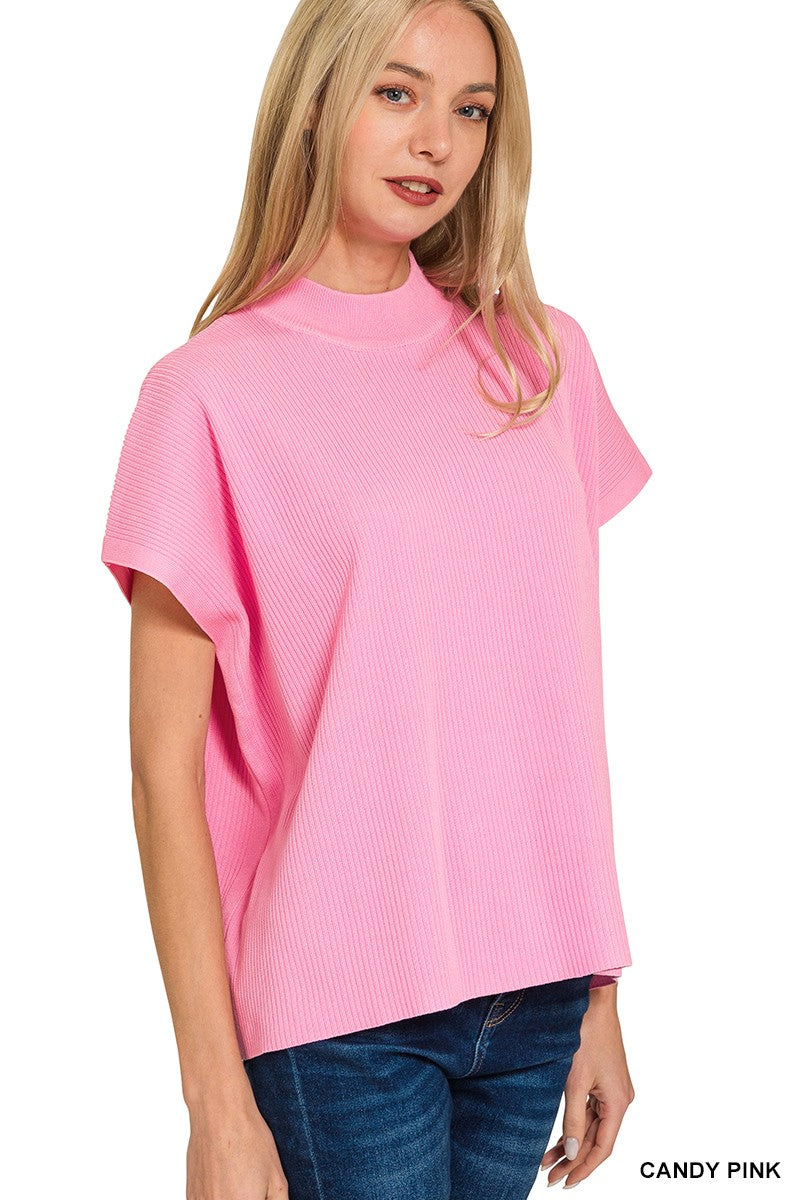 Viscose Mock Neck Short Sleeve Sweater