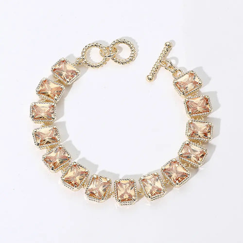 14K Gold Plated Cz Emerald Cut Stone Cluster Link Evening Toggle Bracelet