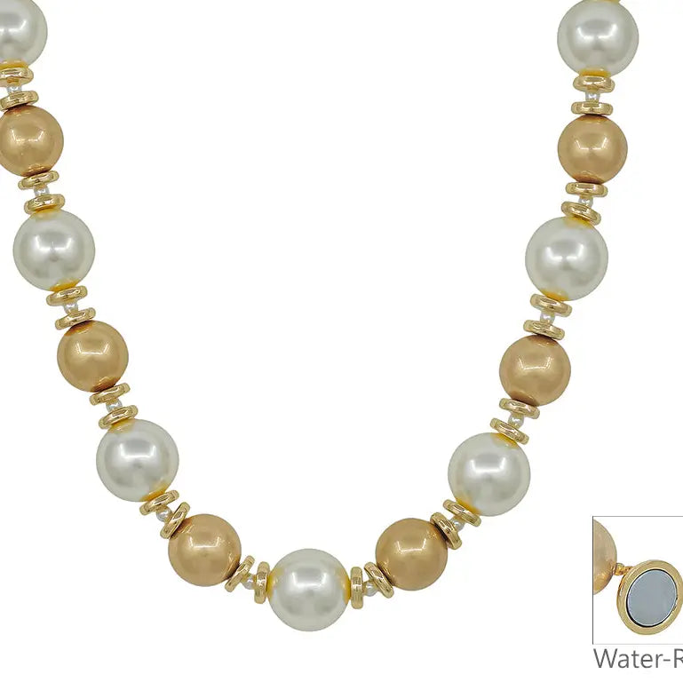 Gold and pearl 
Water Resistant 14mm & 16mm Pearl with Magnetic Closure 18" Necklace