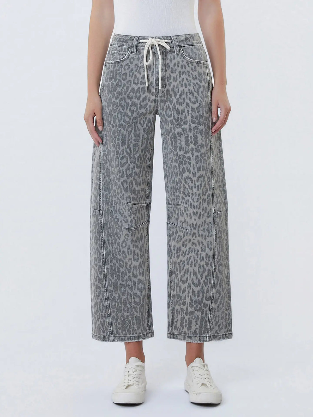 Grey Leopard  Drawstring Grey Barrel Jeans