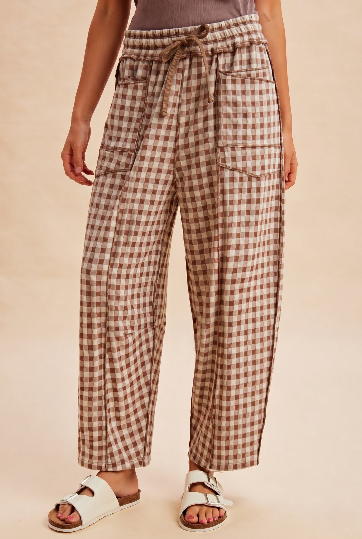 Mocha Soft Brushed Check Barrel Fit Utility Knit Pants