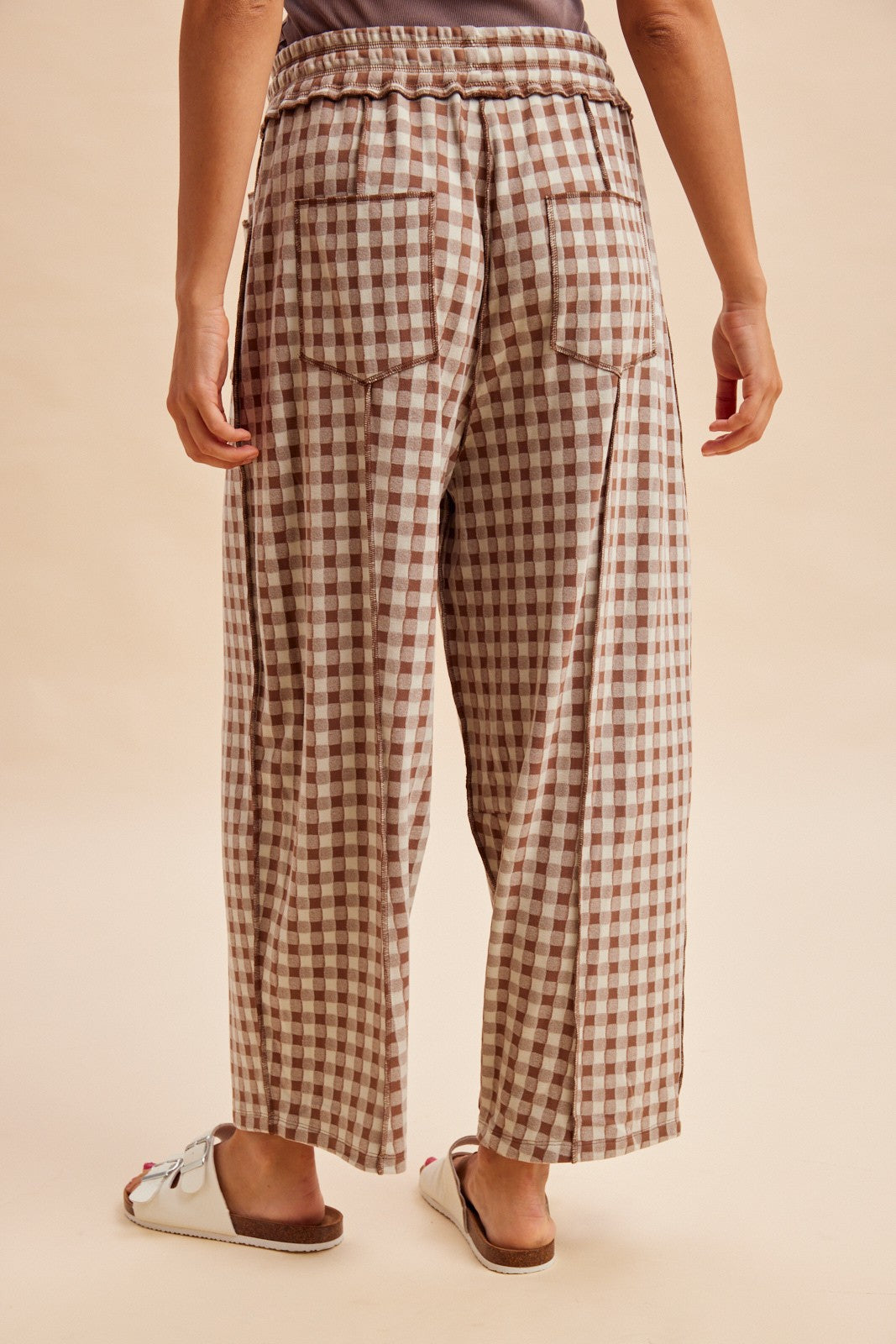 Mocha Soft Brushed Check Barrel Fit Utility Knit Pants
