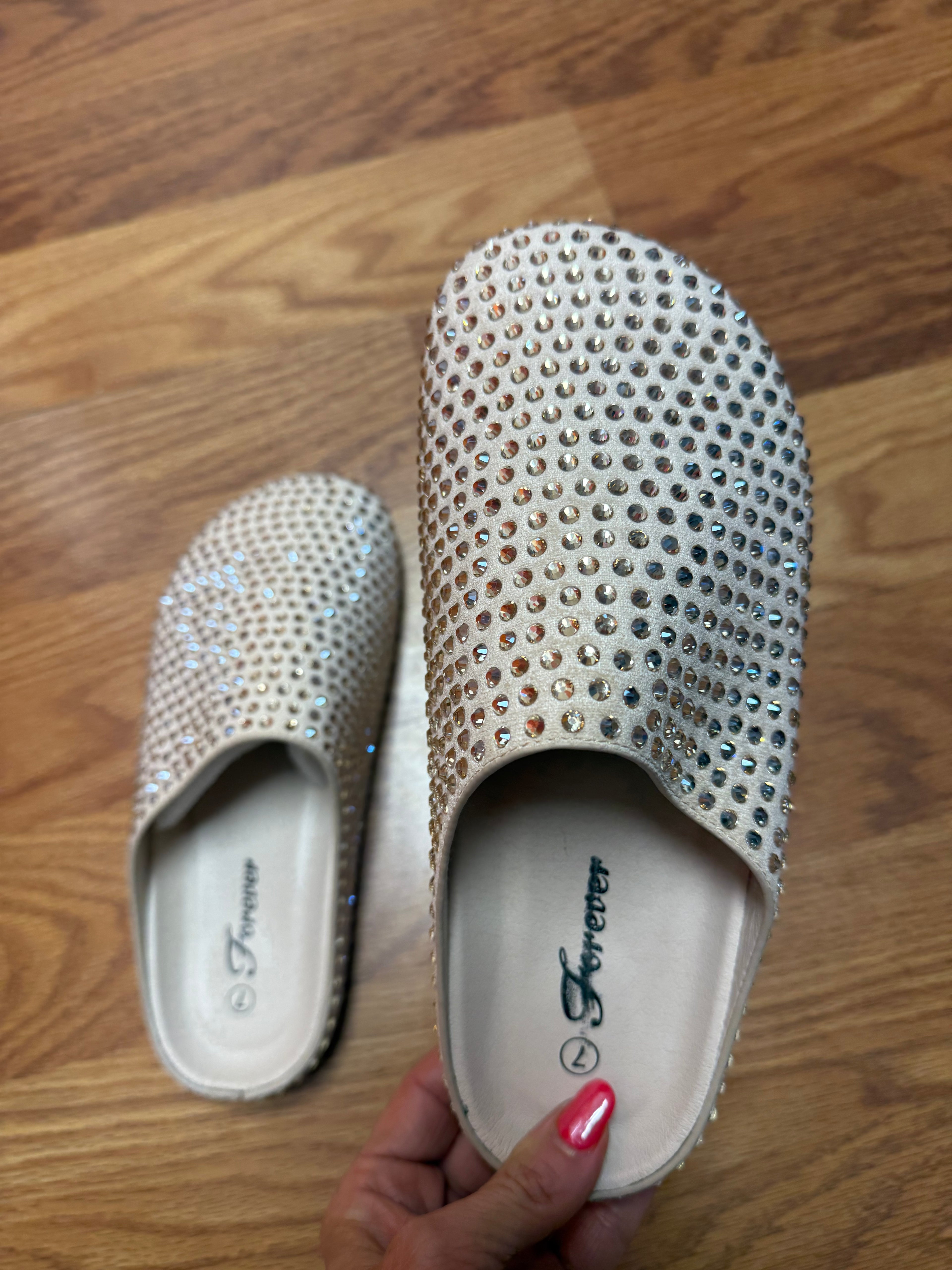 Sand color bling slip on shoes