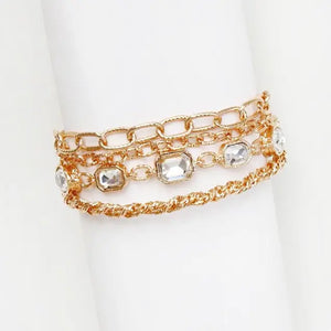 Gold Textured Layered Chain with Clear Crystal 7.5" Bracelet Set