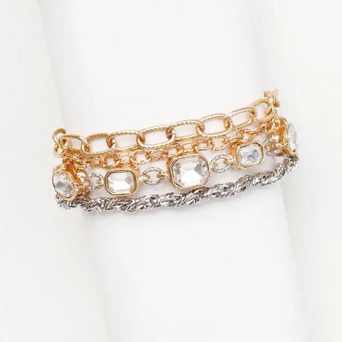 Gold and Silver Textured Layered Chain with Clear Crystal 7.5