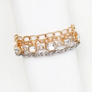 Gold and Silver Textured Layered Chain with Clear Crystal 7.5" Bracelet Set