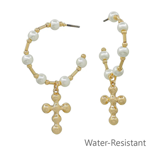 Pearl Beaded Hoop with Cross Drop 1.25