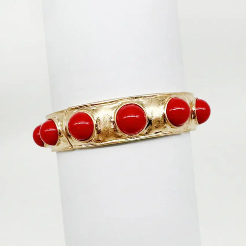 Red Color Coated Studded with Gold Hammered Stretch Bracelet