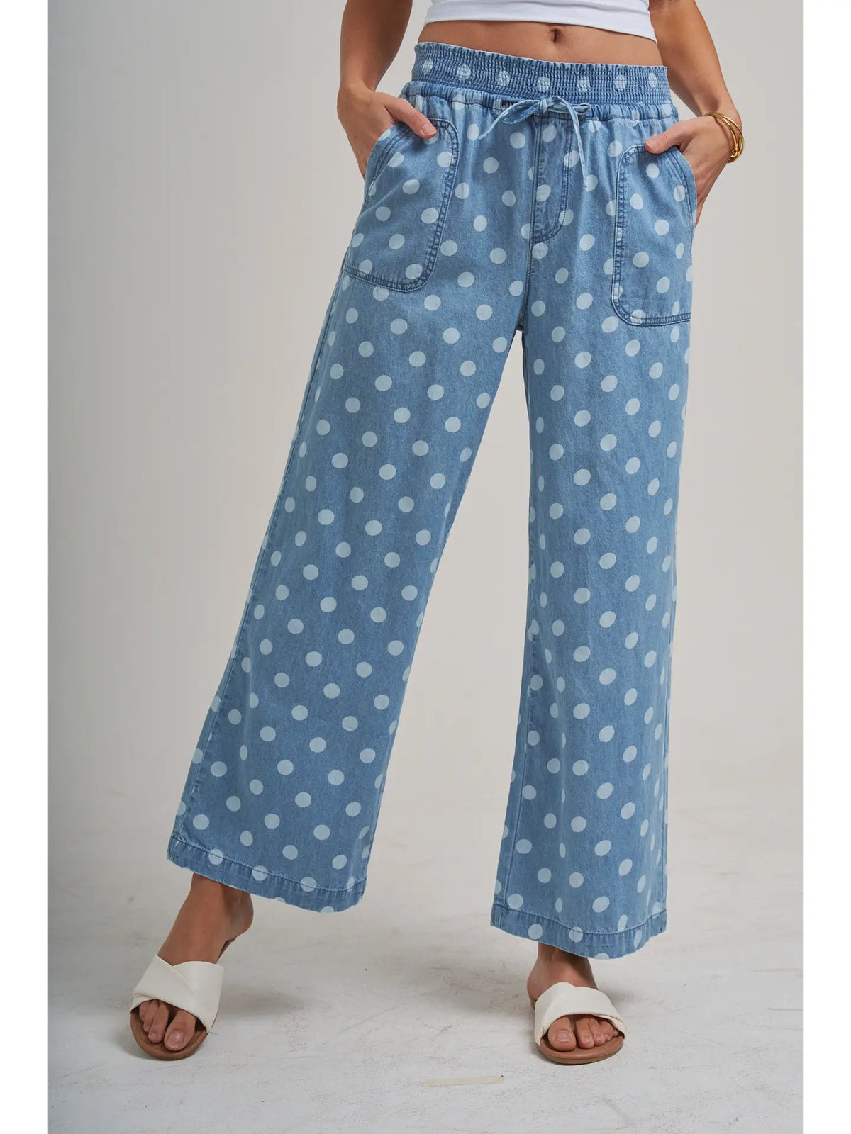 Relaxed Wide Leg Soft Polka Dot Chambray PANTS