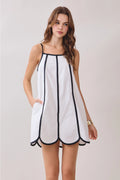 White Contrast Trims Detail Scalloped Hem Mini Dress