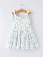Spring Floral Girls Strap Dress-blue bows