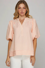 Light pink BUBBLE SLEEVE STRIPED WOVEN TOP