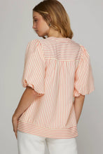 Light pink BUBBLE SLEEVE STRIPED WOVEN TOP