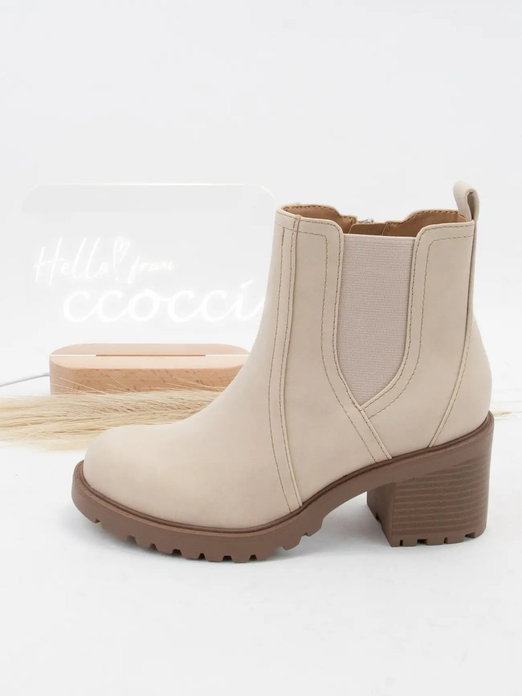 Beige Round Toe Chelsea Bootie with Block Heel