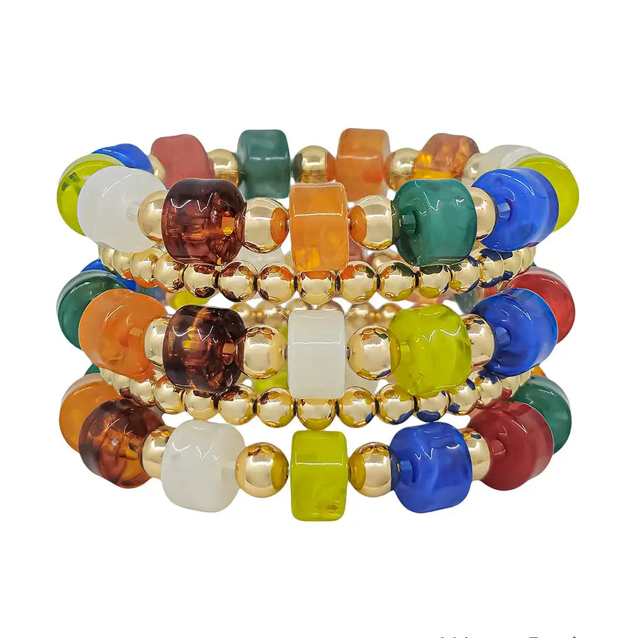 Multi and Gold Oval Chunky Beaded Set of 5 Stretch Bracelet