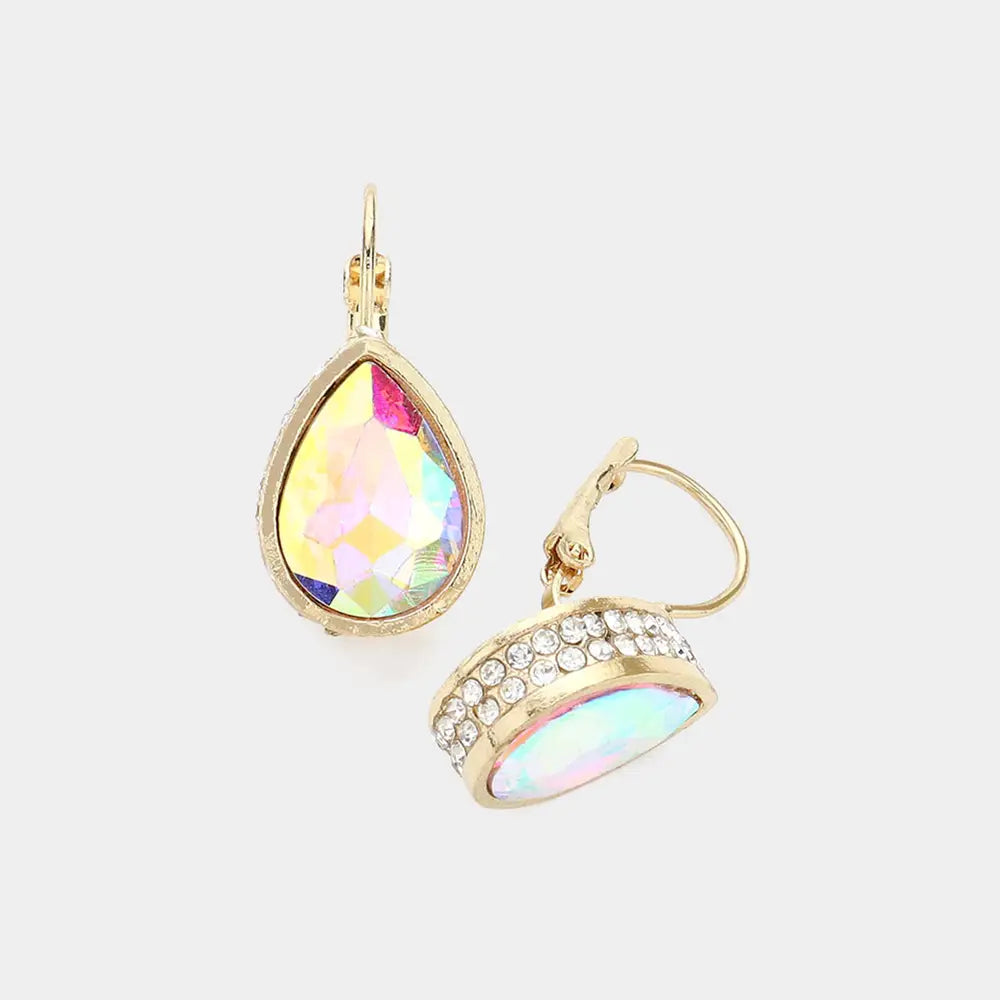 Rhinestone Embellished Teardrop Stone Lever Back Earrings
