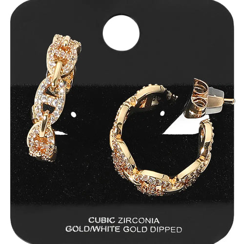 Gold Dipped Cz Stone Paved Mariner Link Hoop Earrings-Small