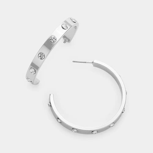 Stone Embellished Metal Hoop Earrings-silver