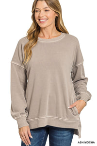 Pigment Dye Fleece Hi-low Hem Pullover With Pocket