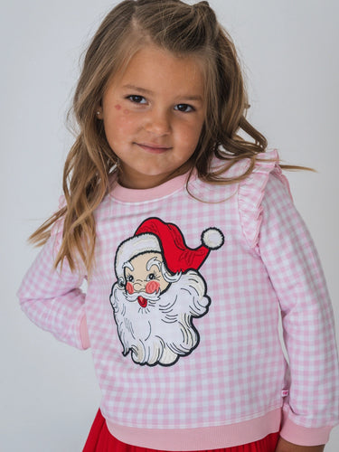 Girls Dear Santa Pink Gingham Applique Flutter Sweatshirt